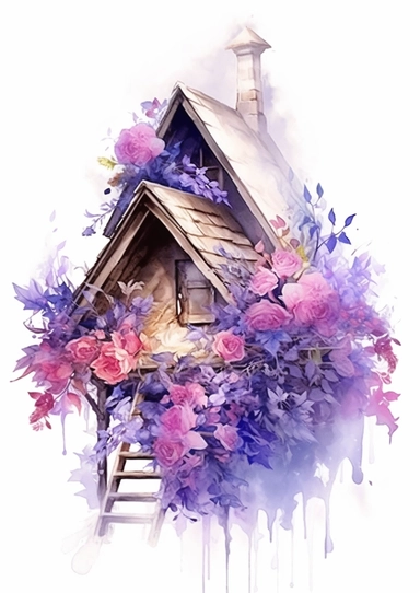 A realistic high detailed fairytale style attic corner with watercolor effect,suitable for digital clipart,white background,magical flowers,magical scene,fairy vibrant colors,pink,purple,lavender,