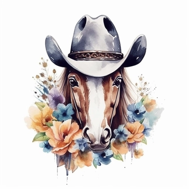 Design an enchanting watercolor clipart illustration on a white isolated background vector, featuring a graceful Western horse portrait wearing a charming cowboy hat adorned with intricate floral designs. Infuse the artistic style of Lian Quan Zhen, a renowned watercolor artist known for his fusion of traditional and contemporary techniques, to create a composition that showcases the harmonious blending of the horse, the hat, and the Western elements, capturing their individual beauty in a cohes