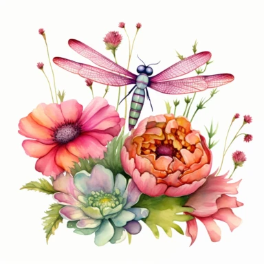 artwork in the style of cicely mary barker, clipart, whimsical watercolour illustration of a cute dragonfly and flowers, very colourful, watercolor clipart, book cover illustration, hyper HD, white background