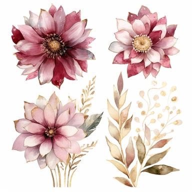 large gold and glass flowers, in the style of nature-inspired installations, delicate ink washes, Pink and burgundy, detailed miniatures, mosaics, organic texture, nature-inspired imagery, clipart set, white background, 4 flowers