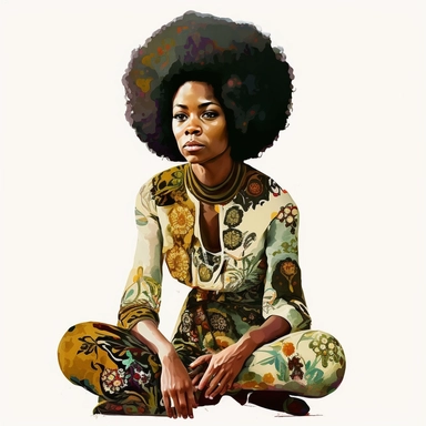 60s, funk, african woman, Kneeling, full body, art nouveau, afro bob hair, water colour painting, clipart, white background