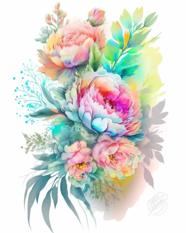soft colorful neon pastel colored floral arrangement clipart, soft and subtle, colorful neon fairy pastel colors watercolor style, fawncore, plain white background, colorful neon pastel roses peonies gerberas tulips, excellent depth of shading in soft watercolor style, neon pastel colorful soft watercolor artwork, plain white background for transparent editing