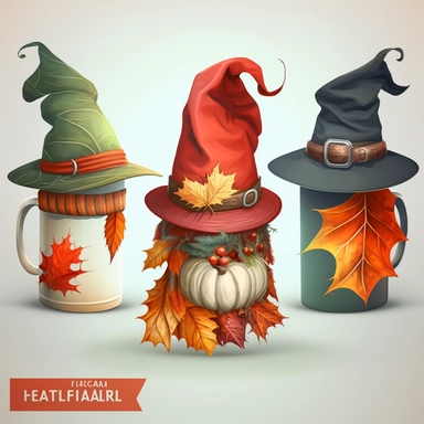 3 mugs clipart style, one mug with a christmas style with father christmas scarf and red christmas hat, one with a halloween style witches style hat and scarf, one with fall style leaf scarf and fall leaf hat