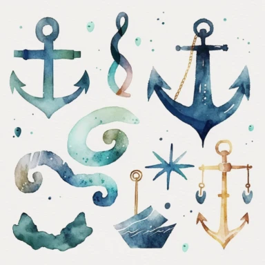 watercolor clipart of an anchor , cute cartoon nautical, watercolor, watercolor paper texture, no background. clear simple shapes.Adorable. High quality