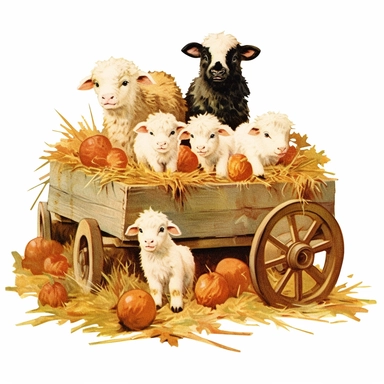 baby farm animals on a hay wagon full of rectangular bales of hay on an autumn day, autumn colors on a white background, clipart, vintage style--q2--s1000