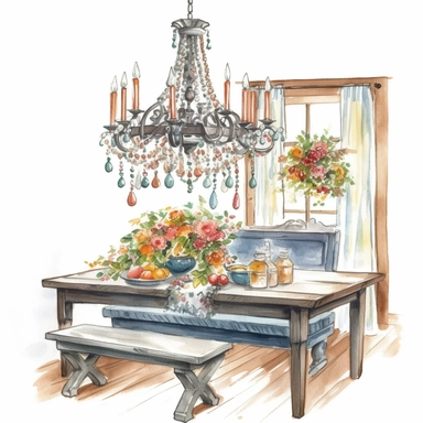 watercolor, hyper realistic, white background, white margins, 16k, ultra detailed clipart, cut out image, hand-drawn, whimsical a cozy dining room with a large farmhouse table and bench seating, decorated with a vintage floral tablecloth and a hanging chandelier