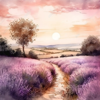 water color beautiful lavender field trail in Austria in summer, at sunset on a windy day, light pink colors, clipart, hd