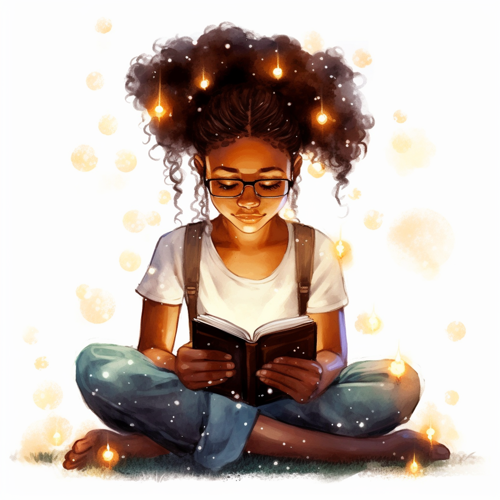 Watercolour Black teenage girl Reading Clipart, braids, forest library ...