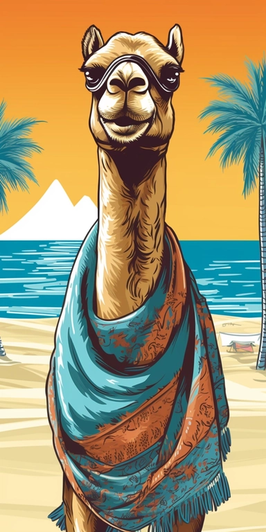 vector clipart camel with the big sunglasses and beach towel on its neck located on the Dubai's beach,