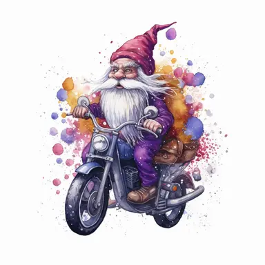 fairy gnome riding a bike,watercolor,halloween,clipart,color splash,hype realistic,4k,high detailed,deep purple,white background