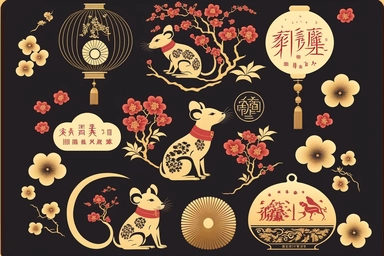 chinese new year design element set rat mouse fireworks cloud lantern flower blossom plum red gold gold coin zodiac signs symbol animal happy 2023 holiday lunar japanese korean vietnamese style traditional geometric text isolated clip art collection bundle silhouette hand-drawn art vector illustration graphic print concept flat line realistic high quality detailed