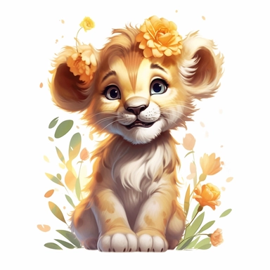 cute baby lion with a smile on its face and flowers, soft color, HD, cartoon image, on white background, glowing eyes Clipart,Cartoon, hyper realistic, intricate detail, illustration style,high solution,on the white background