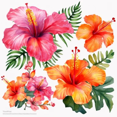 Watercolor Tropical Hibiscus Clipart by Thomas W. Schallerof: A vibrant and exotic design featuring tropical hibiscus flowers in shades of pink, orange, and red on a white background. The flowers are different-size and bold, while the leaves are thick and tropical, creating a lively and festive composition
