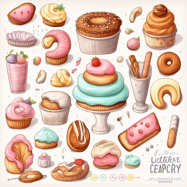 Cute bakery colored pencil clipart sets pastel no background,worm color, Lisa glanz style, white background charecter, single items, cute items, oil paint, no background. Clear simple shapes, cute, high quality, Procreate art, HD, 8k, detailed, wax crayons style illustration, digital illustration, white background