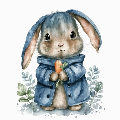 cute watercolor clipart happy baby bunny with small hears and big eyes. wears a blue coat . holds a small carrot in his tinny hands. Illustration inspired in peter rabbit from beatrix potter. the background of the watercolor is white
