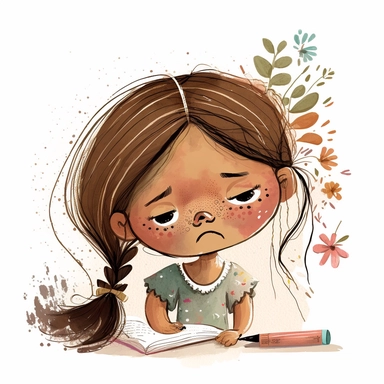 watercolor clipart, Girl doing the exercise in the book, frustrated, math, girl hold pencil