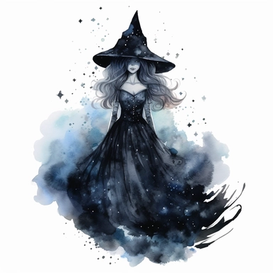 a night dressed black full witch of dark fairytail,watercolor,starry,scary,gothic,magic,night,nature,dream,horror,vintage,fantasy,creepy,clipart,white background