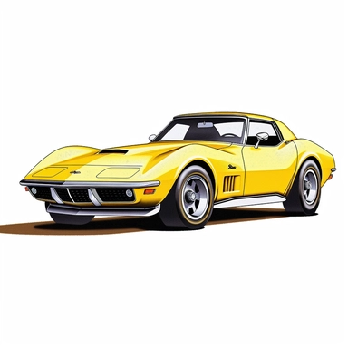 in clipart style, vector image, A meticulously crafted illustration of a yellow 1970 corvette , highlighting its iconic design and graceful contours, placed against pure white background (style: evoking the accuracy and refinement of classic automobile blueprints) (lighting: deliberate, directional lighting, casting gentle highlights and shadows on the car's structure) (colors: an elegant palette for the car's body set against a pristine, white backdrop) (composition: captured from a side view o