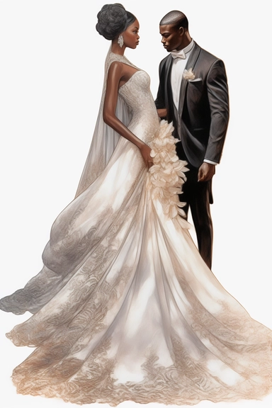 amazing detailed watercolor clipart of a beautiful black woman bride and groom, the woman with a beautifully detailed Heavenly draping baroque-inspired haute couture gown on a beautiful young woman stunning seraphim posing a classical fashion setting and a long veil, holding hands with a handsome young white groom, no caption, solid white background, cinematic light lighting, hyper-detailed, 8k, high resolution, symmetrical, body shot photograph, insanely detailed and intricate, beautiful, elega