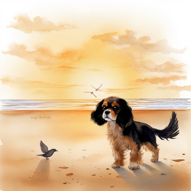 create a beautiful and original watercolor clipart image of a happy king charles cavalier puppy on a sandy beach chasing a seagull with pawprints following behind the puppy, include a silhouette of the pier in the background, include a sunset, white background, no text, no font, no words
