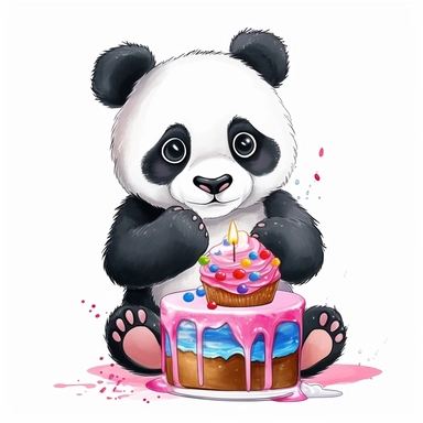cute cartoon panda with birthday cake illustration clipart, detailed, outline, white background, 4k, digital art, watercolor