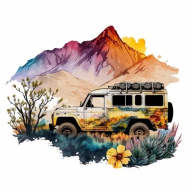 water color offroad floral decorated adventure car 4*4 vehicle truck between high mountains and trees and flowers, vivid colors, sunset, clipart, hd, white background