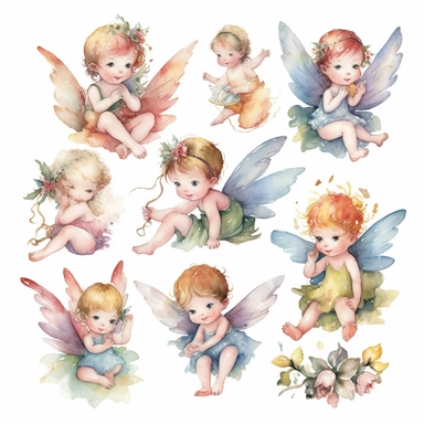 Lovely watercolor set of baby fairies clipart, with wings, in different colors and positions, by walt disney, white background