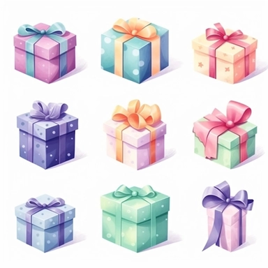Set of gift box clipart, gift clipart, pastel color, minimal, white background for remover