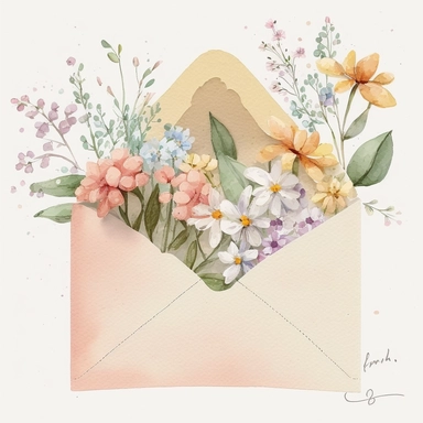 envelope full of spring flowers, light cheerful colors, disney style, kid illustration, watercolor, white background, clipart, CMYK,