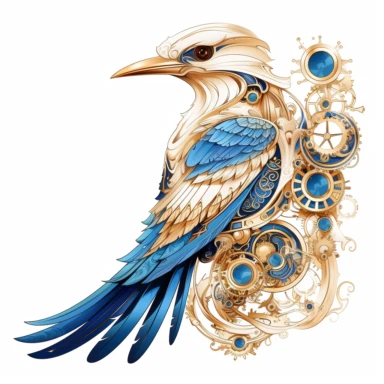 clipart, isolated on white background, a bird with gold and blue design, in the style of detailed science fiction illustrations, ivory, mysterious backdrops, quadratura, fairycore, wimmelbilder, fantastical machines