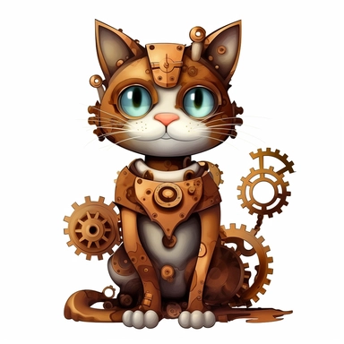 friendly cat with cute eyes, standing up, in the style of steampunk, clipart, white background, lots of cogs