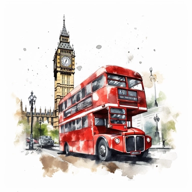 A clipart of a classic London double-decker bus driving past Big Ben, crafted in watercolor style, all on a white background.