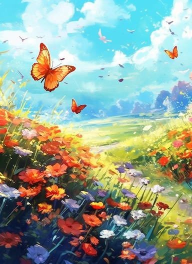 butterflies on a flower field, in the style of 2d game art, nostalgic paintings, 32k uhd, colorful dreamy watercolor scenes, adventure pulp, classical, historical genre scenes, rough-edged 2d animation, watercolor clipart