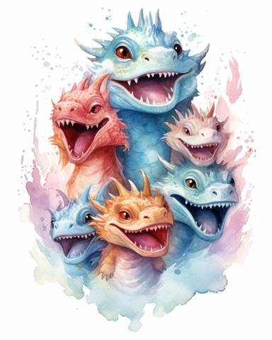 watercolored baby dragon laughing with 5 heads clipart multicolored