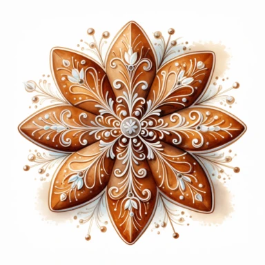 A isolated watercolor clipart, Christmas hand made gingerbread, snowflakes,white background, Art Nouveau, highly detailed,