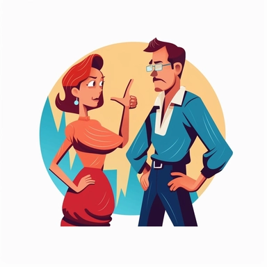 woman in a conservative dress, woman nagging a man, woman complaining to a man, cartoon image, wife nagging husband, clipart, vivid colors