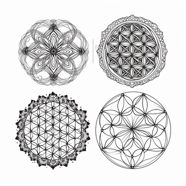 spiritual tattoos by henna, flower of life clipart, in three rows, the space between the items, thin lines geometric simple vector, 2D, white background