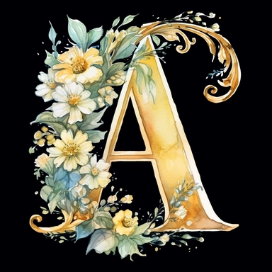 watercolor, Clipart, Golden Monogram, Capital Letter [A] decorated with white flowers, yellow tone