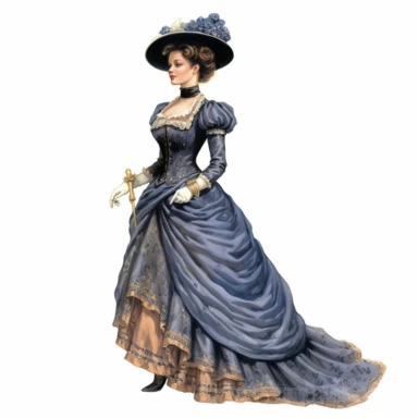 A Victorian lady in a victorian outfit. Her poised expression and magnetic gaze draw you into her world of Victorian splendor. Against a white background, the intricate details of her attire, including the flowing silhouette and intricate drapery, are depicted with exceptional detail and lifelike realism. Clipart, watercolor, white background, intricate detail, unreal engine cinematic smooth