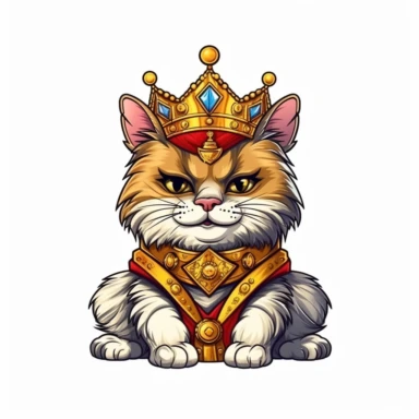 King Cat, Cartoon king cat with crown clipart, high detail, illustration style, high solution, on the white background