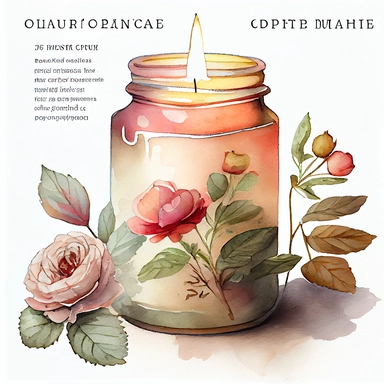 watercolor, hyper realistic, white background, white margins, 16k, ultra detailed clipart, cut out image, hand-drawn A vintage-style clipart featuring a scented candle jar, exuding a warm glow and emitting a fragrant aroma.Use soft and muted colors such as dusty rose, dark rose pink, and sage green for a vintage-inspired palette.