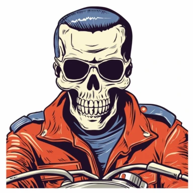 skull head motorcyclist looking like a 60s hippie freak riding a harley clipart