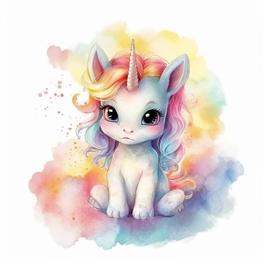 cute baby unicorn, sitting on the clound, with rainbow background, watercolor, clipart