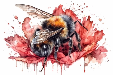Aquarelle Bumble Bee Clipart a poppy flower, detailed painting, white background, single design, isolated white background, 8k, spaced out