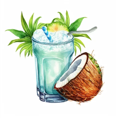 hand drawn , watercolor, hyper realistic, white background, , 16k, ultra detailed clipart, cut out image, hand-drawn, ultra HD, sharp and clean art a summe drink tropical flavored