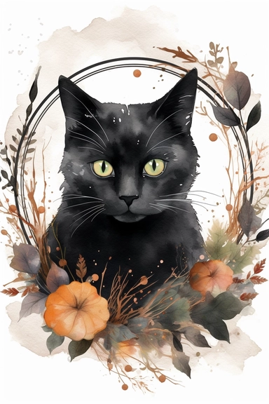 Halloween clipart, black cat Delicate watercolor illustration, White background, Cozy, clear picture, 8k, hd, isolatee on a white background, Wreath, Frame Clip Art