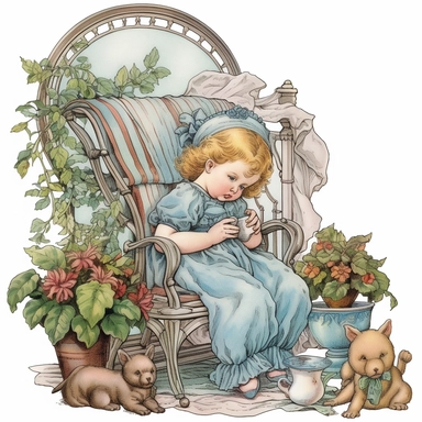 Victorian baby and nursery, Clipart, black outline, white background, colored pencil