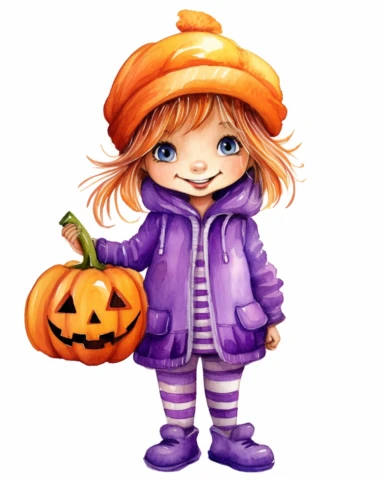 portrait of a happy cute little girl a five year old, pumpkin in her hands, Helloween, no hat, purple jacket, style by Lusy Fleming, folk art, watercolor, clipart elements, smooth gradients, black contour outline, ultra detailed, white background, super clear, high quality