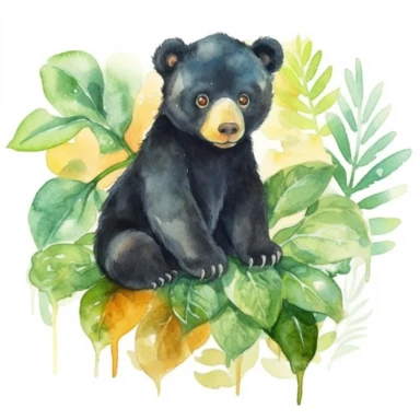 Watercolor baby Sun bear in rainforest clipart, for childish cards, illustration style, on white background, detailed, hd