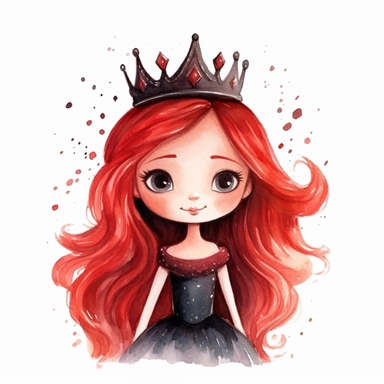 A cute little happy princess. She is red headed with a very beautiful straight long hair, clipart with big cute black eyes dressed with a very beautiful black and red long dress. The crown is very girly and sparkly. The background is watercolour. 4K